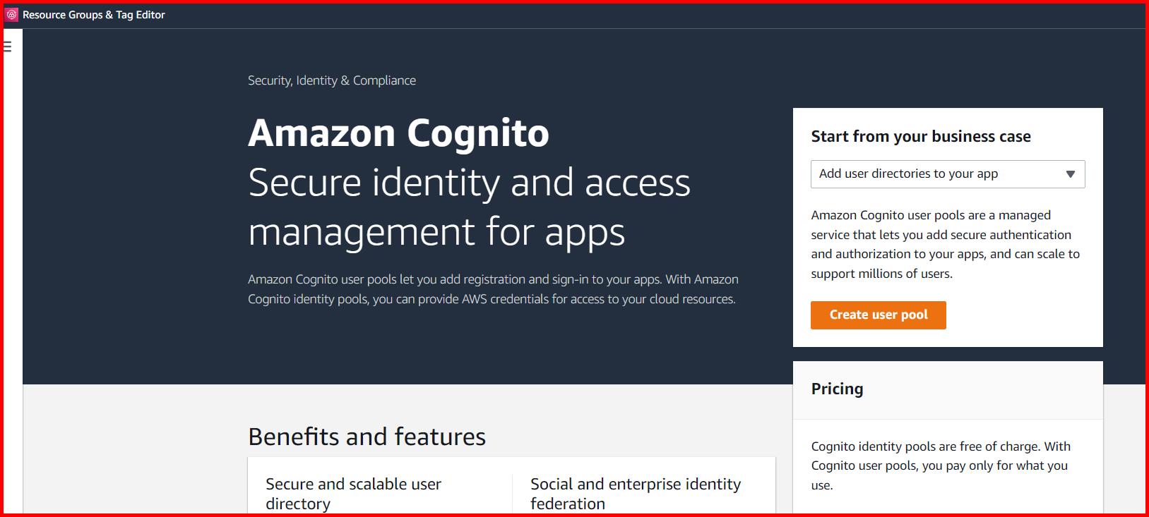 Picture showing the create user pool button for creating the new user pool